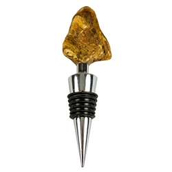 Modern design chrome-plated wine stopper with a large chunk of semi-polished natural amber at the top. Soft-rubber segmented gasket ensures a tight seal in the neck of the bottle.  We have several of these in stock and each amber piece is a little differe