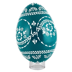 This beautifully designed egg is dyed one color then wax is melted and applied to form an intricate design which is left on the surface. The egg is emptied. Stand not included.