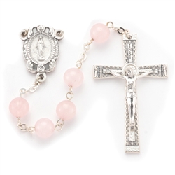 Polish Art Center - 23" 8mm Genuine Rose Quartz Stone Beads with Deluxe Silver Oxidized Crucifix and Center. It comes with a Deluxe Velvet Box