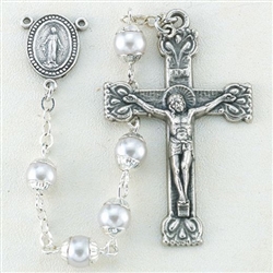 Polish Art Center - 17" 5mm Highest Quality Capped Imitation White Pearl Bead Handcrafted Rosary with Deluxe Crucifix and Center.  This is the perfect size for First Holy Communion!