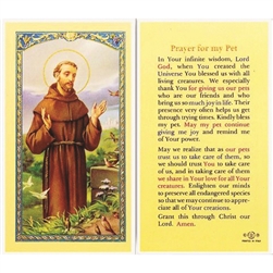 St Francis, Prayer for Pets - Holy Card.  Holy Card Plastic Coated. Picture is on the front, text is on the back of the card.