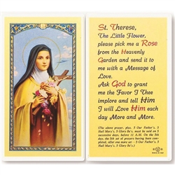 St. Therese -  Holy Card.  Holy Card Plastic Coated. Picture is on the front, text is on the back of the card.