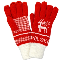 Colorful pair of ladies' gloves with Polska at the wrists. 100% double knit acrylic.