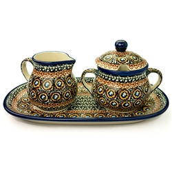 Polish Pottery 9.5" Sugar Bowl & Creamer Set. Hand made in Poland. Pattern U143 designed by Maryla Iwicka.