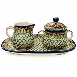 Polish Pottery 9.5" Sugar Bowl & Creamer Set. Hand made in Poland. Pattern U81 designed by Teresa Liana.