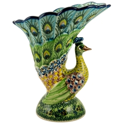 Polish Pottery 8" Peacock Vase. Hand made in Poland. Pattern U4735 designed by Maryla Iwicka.