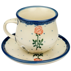 Polish Pottery 3 oz. Espresso Cup and Saucer. Hand made in Poland and artist initialed.