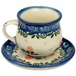 Polish Pottery 3 oz. Espresso Cup and Saucer. Hand made in Poland and artist initialed.