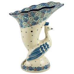 Polish Pottery 7.5" Peacock Tealight Holder. Hand made in Poland and artist initialed.