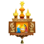 Hand carved and painted by folk artist Marian Pazucha from Nowy Sacz. The beautiful creche is designed to hang on the wall. Front doors open to reveal angels adoring the Holy Family. Very nice detail.Ready to hang.