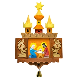 Hand carved and painted by folk artist Marian Pazucha from Nowy Sacz. The beautiful creche is designed to hang on the wall. Front doors open to reveal angels adoring the Holy Family. Very nice detail.Ready to hang.