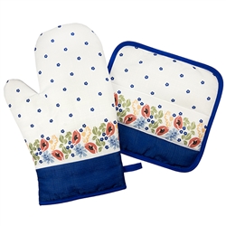 Colorful set of decorative mitt and holder set featuring a traditional Polish stoneware design. 100% polyester. These mitts are more decorative than useful as they do not have effective insulating material. Decorative only - not intended to handle heat.