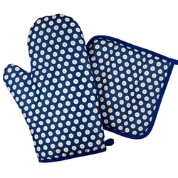 Colorful set of decorative mitt and holder set featuring a traditional Polish stoneware design. 100% polyester. These mitts are more decorative than useful as they do not have effective insulating material. Decorative only - not intended to handle heat.