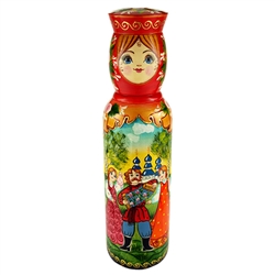 Beautifully hand-painted Matrushka vodka bottle holder.  Made In Russia.  Fits a slender half liter bottle (2.75" - 7cm dia)