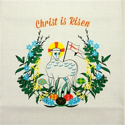 Beautiful large rectangular printed Easter lamb basket or table cover.  Measures approx 28" x 16" - 71cm x 41cm.  100% cotton. Washing instructions included.
Includes a small 7 page color illustrated booklet outlining basket contents and traditions.