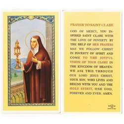 St. Clare - Holy Card.  Plastic Coated. Picture is on the front, text is on the back of the card.