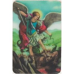 Two pictures appear when the card is moved. The first side has Saint Michael and the second side has the disappearing fallen angel.