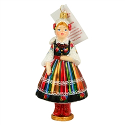 Display your Polish heritage with this nicely detailed Polish dancer ornament dressed in her colorful Lowicz costume. Size approx. 5.25" x 2.5" x 2" - 13cm x 6.5cm x 5cm.