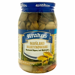 The tasty Maslak (Slippery Jack) is a member of the Boletus family.  They mainly grow under pines.  These marinated mushrooms have a texture and consistency of raw oysters.........but they taste so much better.   If you like Polish dill pickles you'll enj
