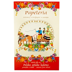 Beautiful set of stationary decorated with Lowicz style Polish paper cut designs. Set includes 8 envelopes (two designs), 8 pieces of stationary (8 assorted designs) and a decorated gift folder with a Polish wedding scene. Stationary size 6.5" x 9.25" - 1