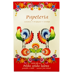 Beautiful set of stationary decorated with Lowicz style Polish paper cut designs. Set includes 8 envelopes (two designs), 8 pieces of stationary (8 assorted designs) and a decorated gift folder. Stationary size 6.5" x 9.25" - 17cm x 23.5cm. Folder size 7.