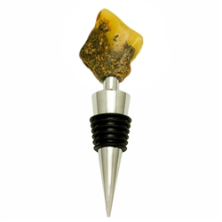 Modern design chrome-plated wine stopper with a large chunk of semi-polished natural amber at the top. Soft-rubber segmented gasket ensures a tight seal in the neck of the bottle.  We have several of these in stock and each amber piece is a little differe