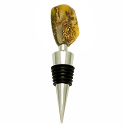 Modern design chrome-plated wine stopper with a large chunk of semi-polished natural amber at the top. Soft-rubber segmented gasket ensures a tight seal in the neck of the bottle.  We have several of these in stock and each amber piece is a little differe