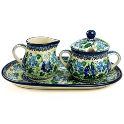 Polish Pottery 9.5" Sugar Bowl & Creamer Set. Hand made in Poland. Pattern U1810 designed by Danuta Skiba.