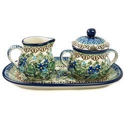 Polish Pottery 9.5" Sugar Bowl & Creamer Set. Hand made in Poland. Pattern U2957 designed by Zofia Spychalska.