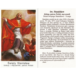 Sw Stanislaw - Polish - Swiety Stanislaw - Holy Card.  Plastic Coated. Picture is on the front, Polish text is on the back of the card.