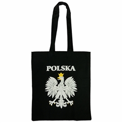 Black 100% cotton tote bag made in Poland.  Size approx 14" x 16" - 35cm x 38cm not including the handles.  Handles are 12" - 30cm long.