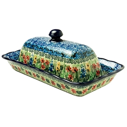 Polish Pottery 9" Butter Dish. Hand made in Poland. Pattern U4037 designed by Teresa Liana.
