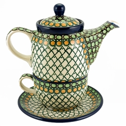 Polish Pottery 16 oz. Personal Teapot Set. Hand made in Poland. Pattern U83 designed by Teresa Liana.