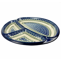 Polish Pottery 11" oval divided serving plate. Hand made in Poland and artist initialed.