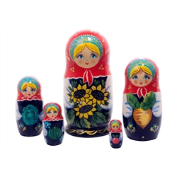 Straight off the Russian farm, the Sunflower Garden Nesting Doll carries a pretty bouquet of sunflowers, and has a bountiful garden harvest within.  When you open her, youï¿½ll find 4 more Russian maids carrying a different summer fruit or vegetable just