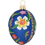 Blue Painted Egg With Flowers Glass Ornament
