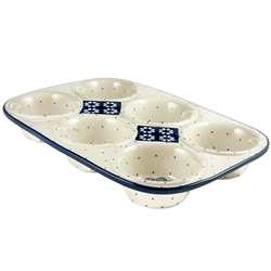Polish Pottery 11.5" Muffin Pan. Hand made in Poland and artist initialed.