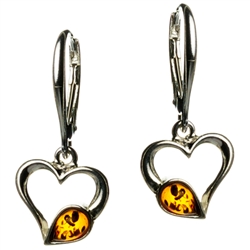 Heart Shaped Silver And Amber Earrings 1"