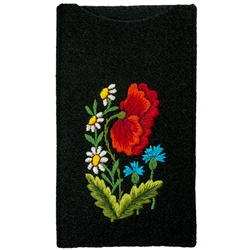 Soft black felt sewn case with hand embroidered Lowicz folk flowers on one side. Beautiful and functional. . Designed to fit standard Smart phones. Size - 4" x 6.75" - 10cm x 17cm - Interior size 3.5" x 6.5" - 9cm x 16.5cm.