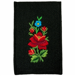 Soft black felt sewn case with hand embroidered Lowicz folk flowers on one side. Beautiful and functional. . Designed to fit large IPhones. Size - 4.5" x 6.75" - 11.5cm x 17cm - Interior size 4" x 6.5" - 10cm x 16.5cm.