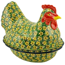 Polish Pottery 9.5" Hen Shaped Covered Baker. Hand made in Poland. Pattern U4747 designed by Teresa Liana.