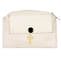 Handcrafted leather rosary purse. Two compartments, one zippered and on with a metal snap.