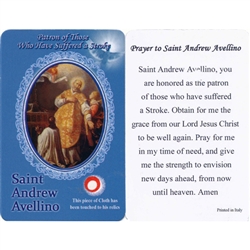 Saint Andrew Avellino is the Patron of those who have suffered a Stroke. This unique prayer card contains a third class relics on the front with the prayer on the back. The piece of cloth has been touched to his relics.