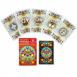 Delightful set of Polish playing cards featuring a large variety of Lowicz style paper cut designs. Made in Krakow.  Single deck of 55 cards.