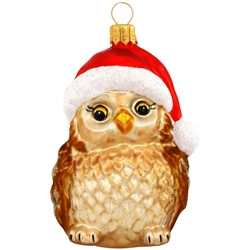 Owl With Santa Hat Glass Ornament 3.25" Tall