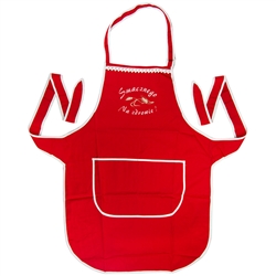 Just what every Polish chef needs: A vibrant red kitchen apron, with the words Smacznego and Na Zdrowie (Bon Appetit and To Your Health) embroidered in white on the front panel.