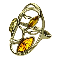 Large artistic three stone amber ring. Sze approx 1.25" x .75".