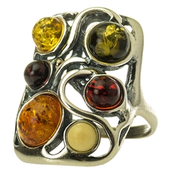 Large artistic six stone amber ring set in sterling silver. Size approx 1" x .75".