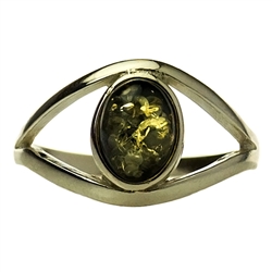 Green colored amber "eye" set in sterling silver. Size approx. .5" x .25".
Honey colored amber when painted black on one side changes the color on the other side to appear green.