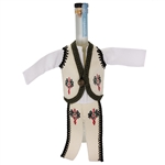 Hand sewn bottle cover of a Polish mountaineer's costume. Trim around the sleeves is black and green around the jacket border. The cover is designed to fit half liter and 750ml liquor bottles.
Bottle not included. Made In Poland